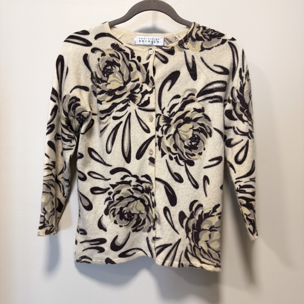 Vintage Ann-Louise Roswald 100% Cashmere Floral Cardigan Sweater Size L - Picture 2 of 6